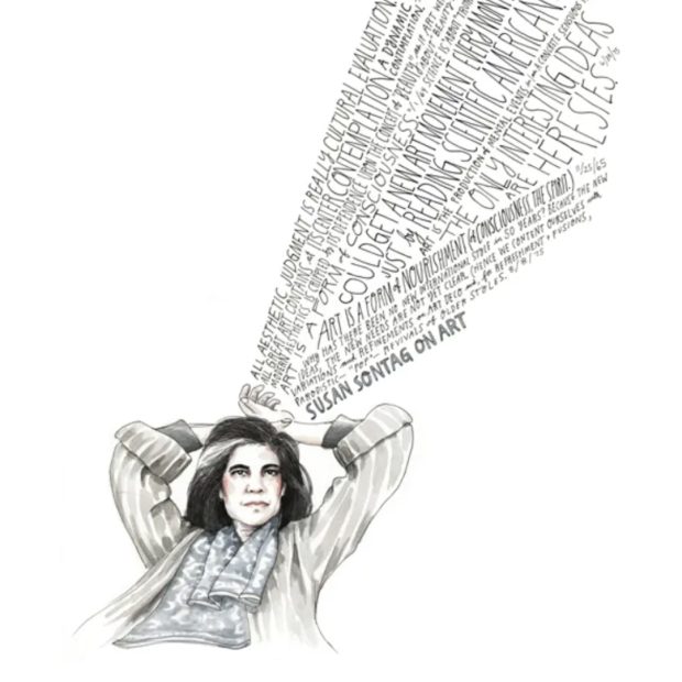 Ilustración de Wendy MacNaughton (Etsy) de la polifacética Susan Sontag, para “Reborn: Journals and Notebooks, 1947-1963” una recopilación de su pensamiento a través de sus diarios personales.